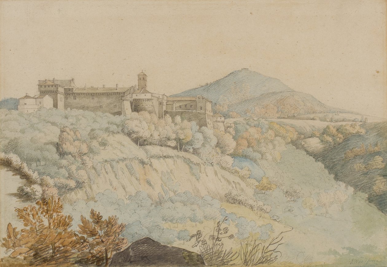 Klasztor Grotta Ferrata, starożytne Tusculum, Włochy, ok. 1805 (ołówek i toaleta na papierze) autorstwa Samuel Woodforde