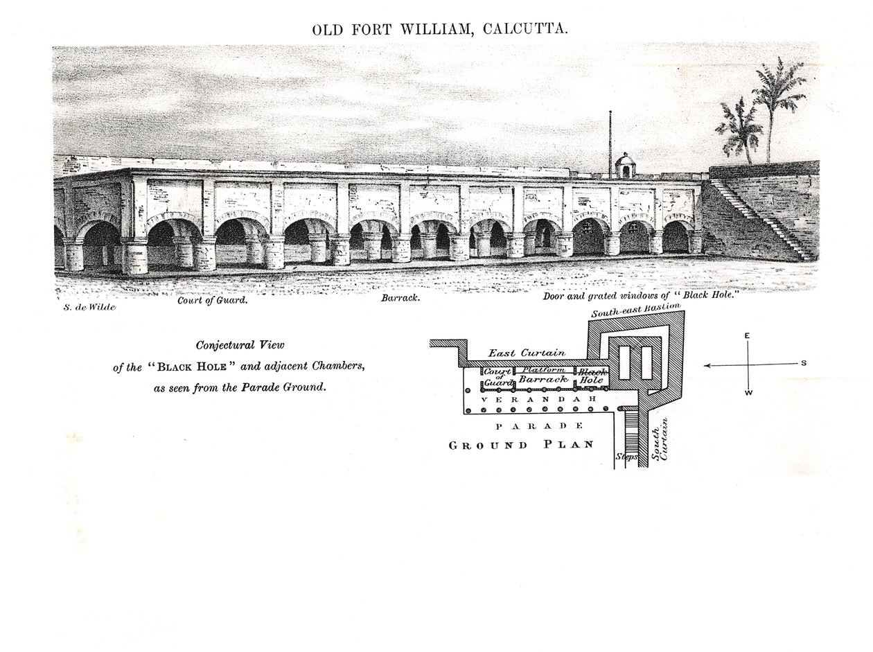 Stary Fort William, Kalkuta, z hipotetycznym widokiem na „czarną dziurę” i sąsiednie komnaty widziane z placu apelowego autorstwa Samuel de Wilde
