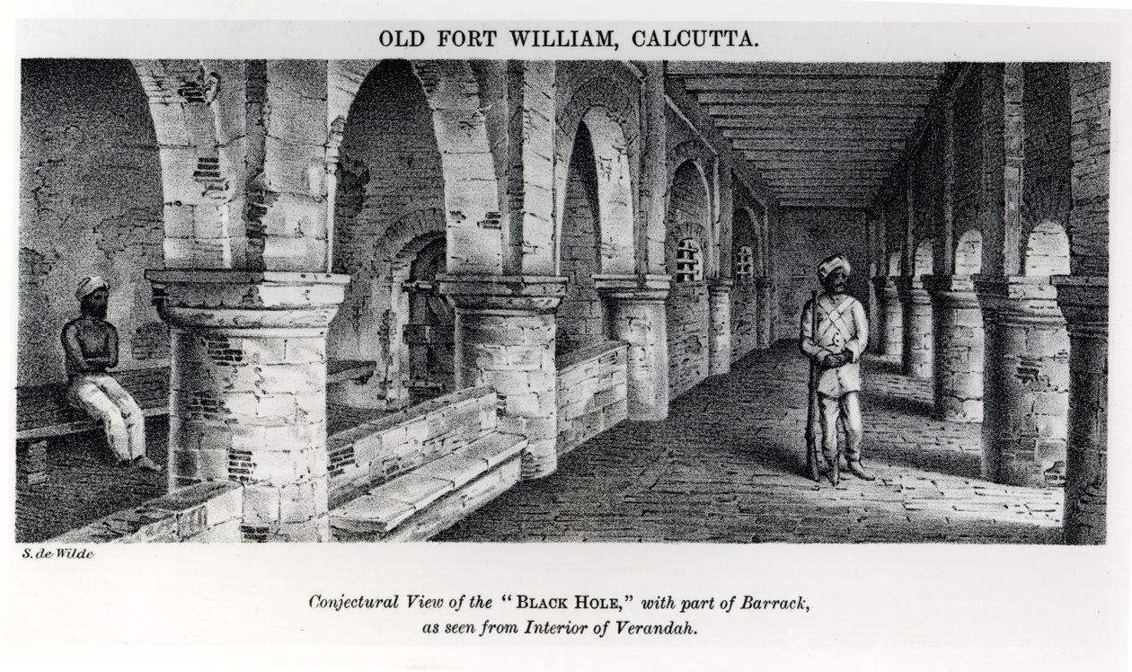 Stary Fort William, Kalkuta, z hipotetycznym widokiem „czarnej dziury” z częścią baraku, widziany z wnętrza werandy autorstwa Samuel de Wilde