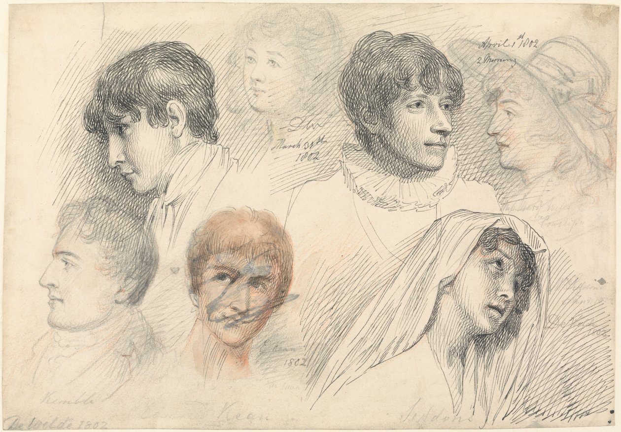 Studia portretowe aktorów, w tym Mary Wells jako Cowslip, John Kemble, Edmund Kean i Sarah Siddons jako Hermiona autorstwa Samuel de Wilde
