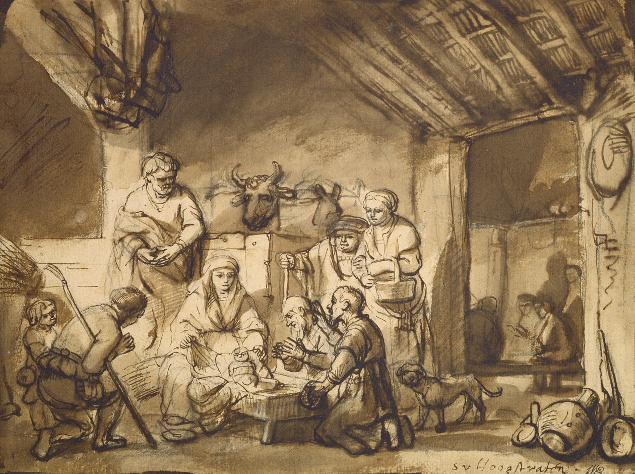 Adoracja pasterzy, ok. 1646 (pióro, pędzel i ołówek na papierze) autorstwa Samuel van Hoogstraten