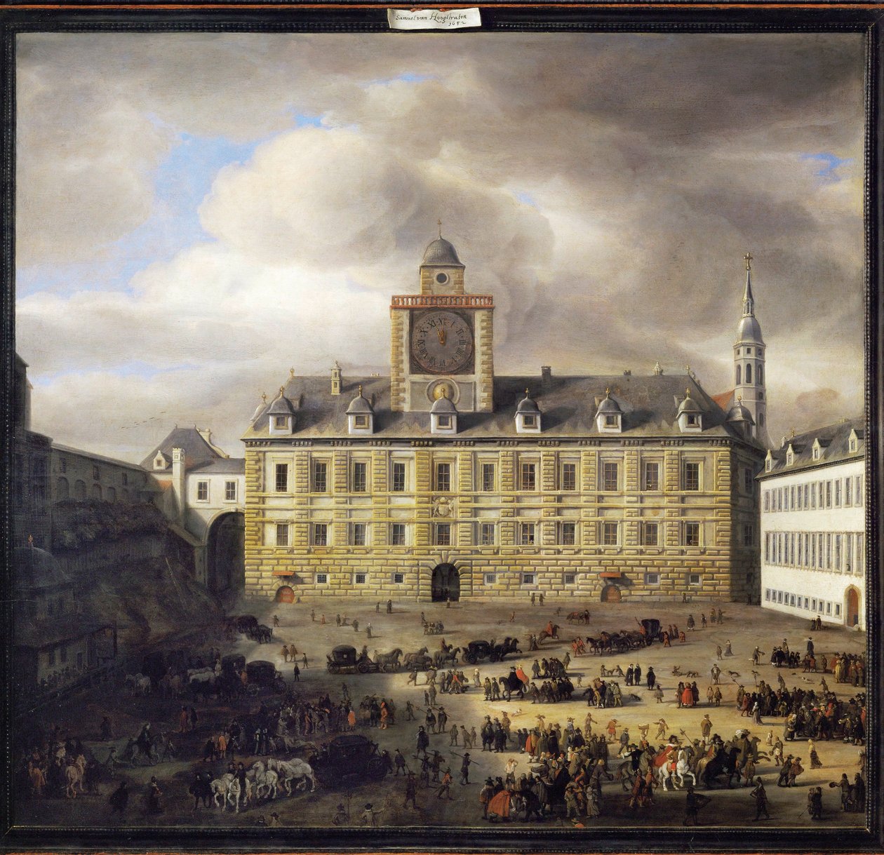 Wewnętrzny Burgplatz w Wiedniu (obraz na drewnie dębowym) autorstwa Samuel van Hoogstraten