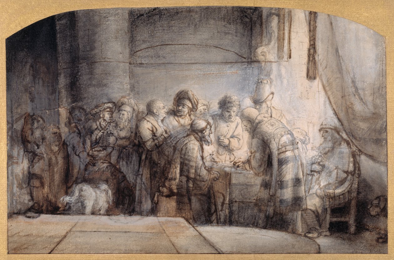 Judasz otrzymujący trzydzieści srebrników, ok. 1640 (pióro i atrament na czerwonej kredzie, na praniu na papierze) autorstwa Samuel van Hoogstraten