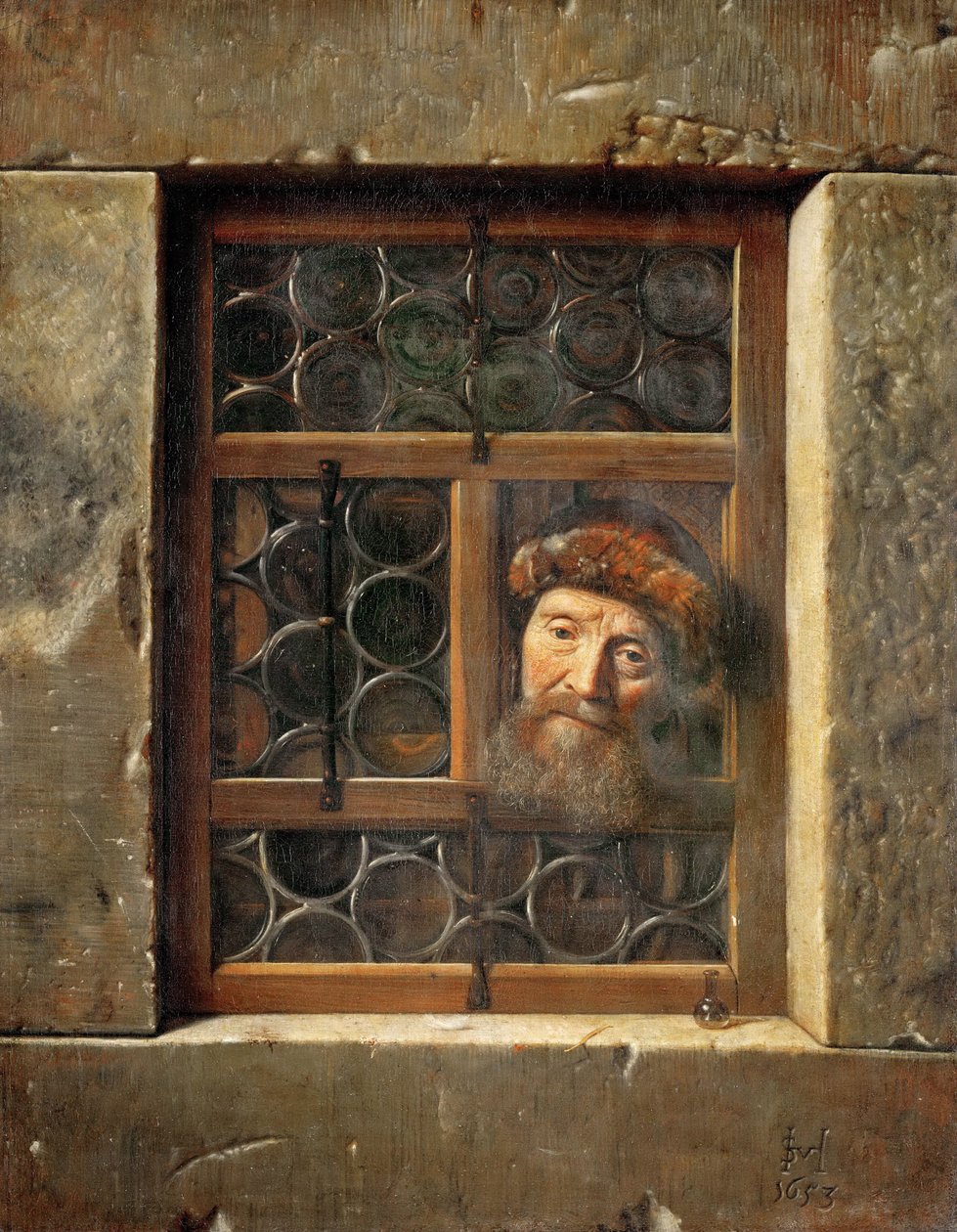 Stary człowiek w oknie - Samuel Dirksz van Hoogstraten (1627-1678). olej na płótnie autorstwa Samuel van Hoogstraten