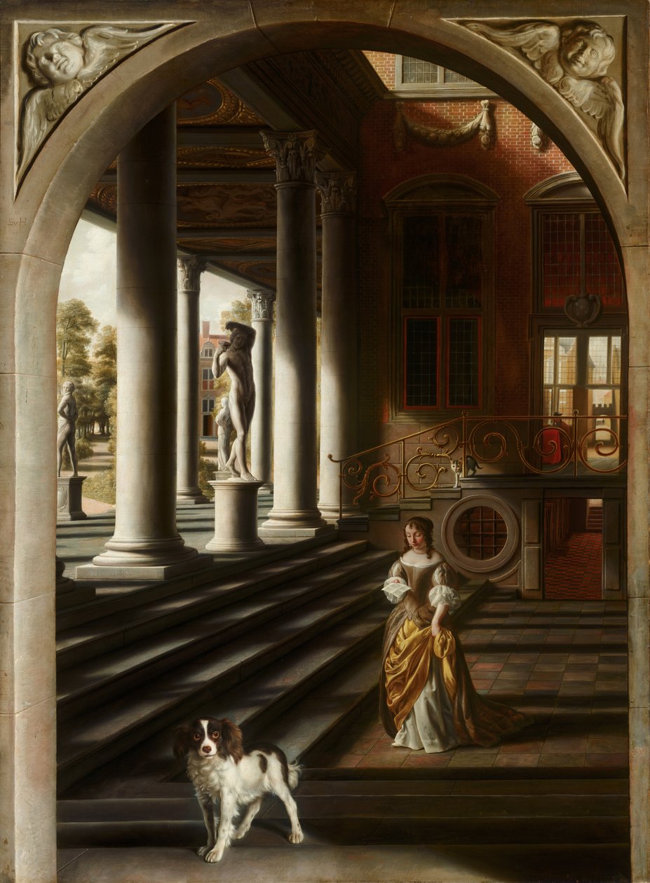 Widok perspektywiczny z kobietą czytającą list, c. 1670 autorstwa Samuel van Hoogstraten