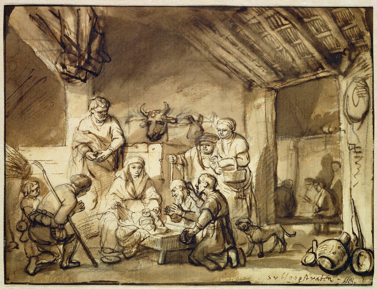 Adoracja pasterzy (pióro i tusz w kolorze czarnym, kreda na papierze) autorstwa Samuel van Hoogstraten