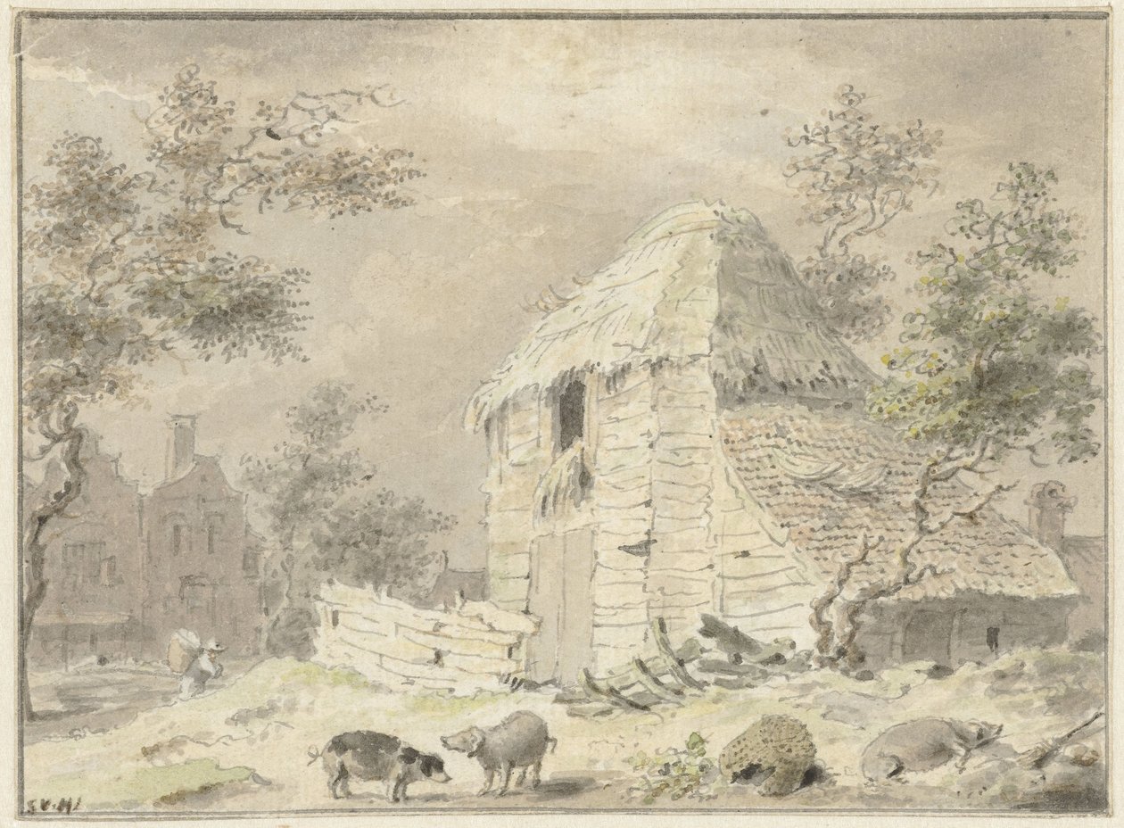 Stodoła z kilkoma świniami autorstwa Samuel van Huls (possibly)