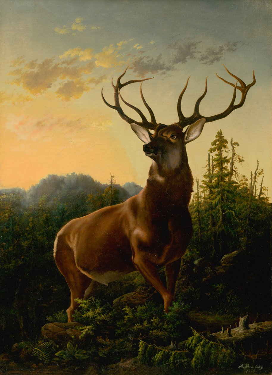 Jeleń w krajobrazie leśnym, 1876. autorstwa Sandor Brodszky