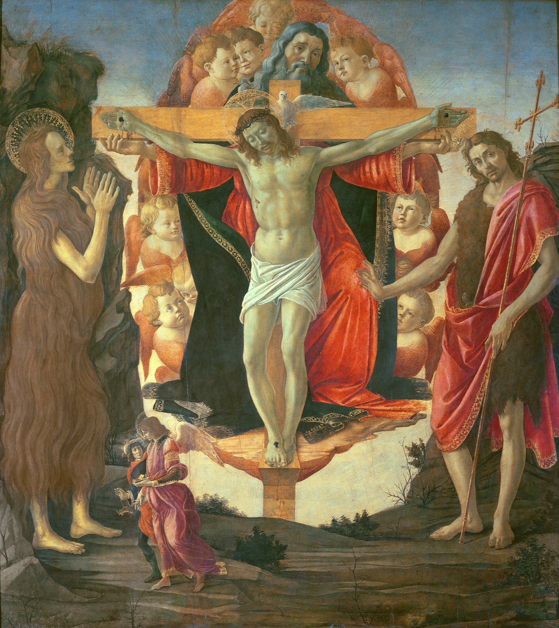 Trójca Święta ze św. Janem Chrzcicielem, Marią Magdaleną, Tobiaszem i Aniołem, ok. 1490-95 (tempera na panelu) autorstwa Sandro Botticelli