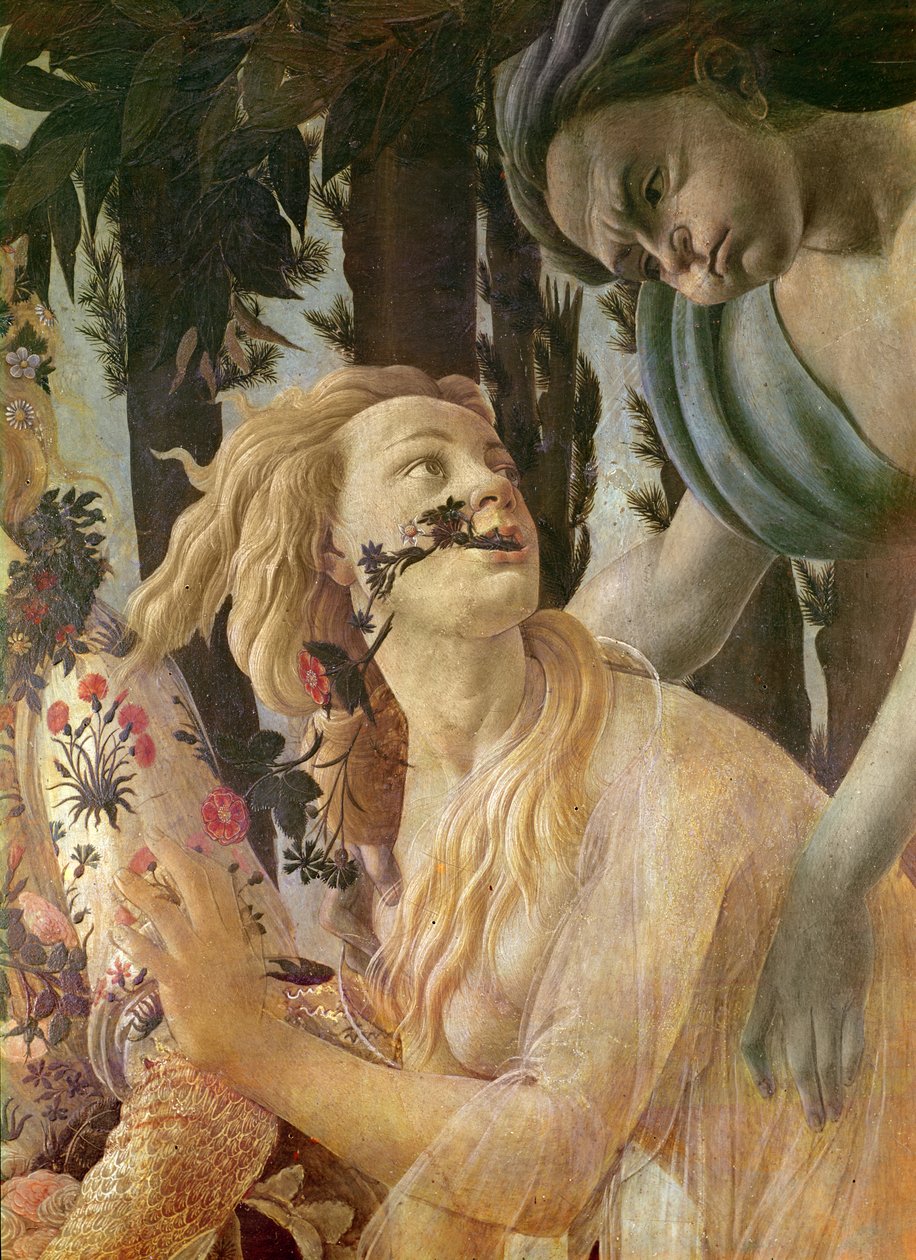 Alegoria Wiosny, detal głów Zefira i Flory, ok. 1478 tempera na drewnie autorstwa Sandro Botticelli