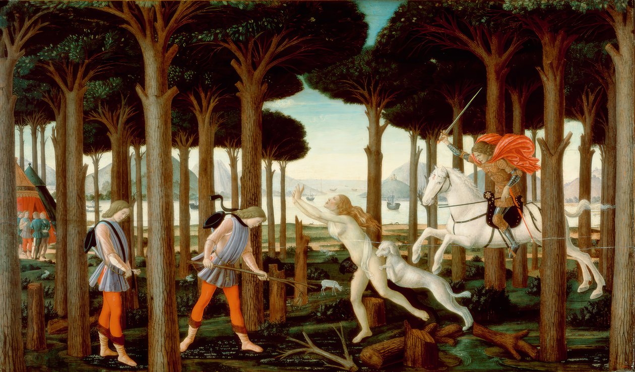 Historia Nastagio degli Honesti I autorstwa Sandro Botticelli