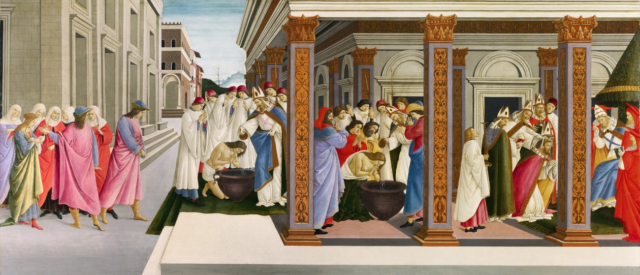Cztery sceny z wczesnego życia św. Zenobiusza, ok. 1500 (tempera na drewnie) autorstwa Sandro Botticelli