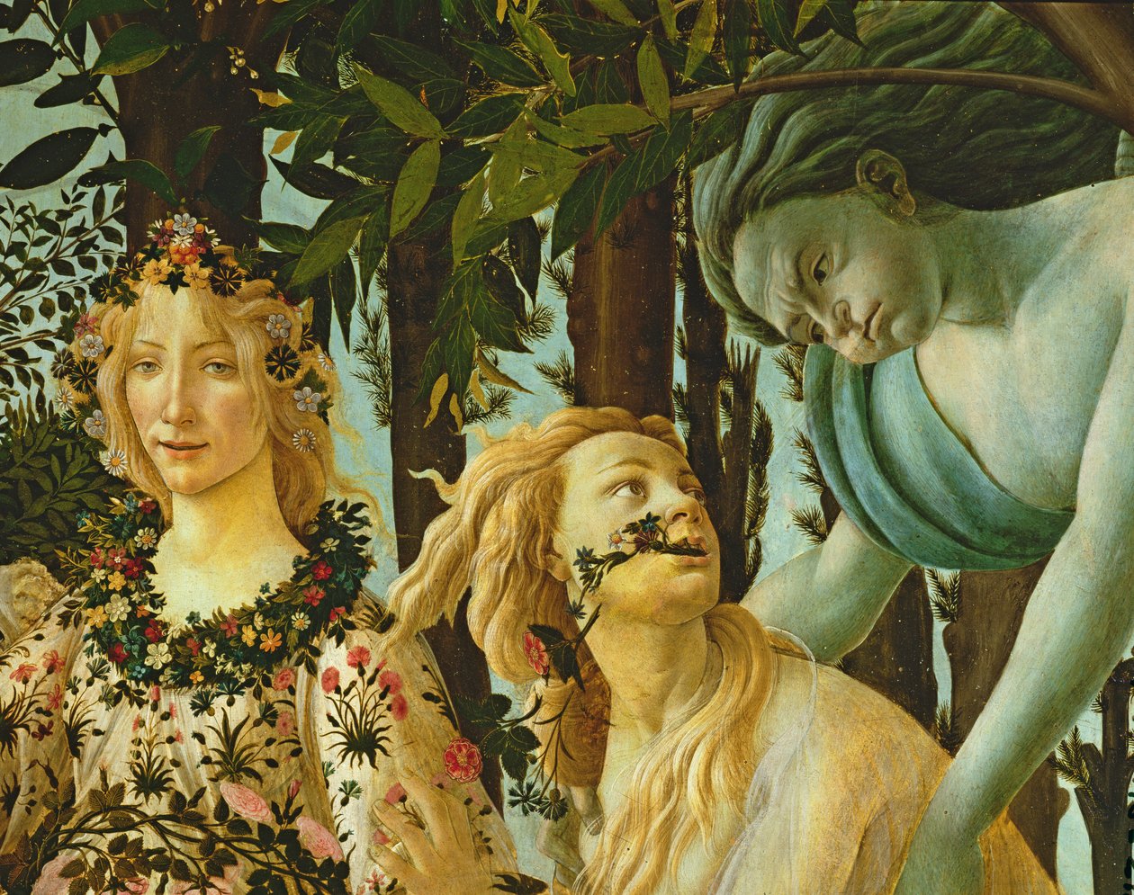Primavera, detal Flory i Zefira, ok. 1478, (tempera na płycie) (detal z 558) autorstwa Sandro Botticelli