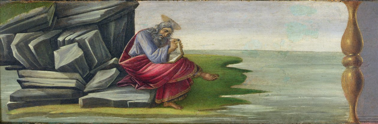 Święty Jan Boski na Patmos, pisanie Księgi Objawień, predella panel z Ołtarza Świętego Marka, ok. 1488-90 (tempera na panelu) (patrz 44333 i 44348) autorstwa Sandro Botticelli