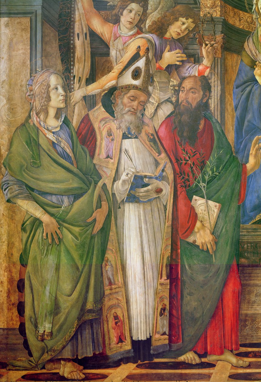 Ołtarz św. Barnaby, fragment św. Katarzyny Aleksandryjskiej, św. Barnaby i św. Augustyna, ok. 1488 tempera na drewnie autorstwa Sandro Botticelli