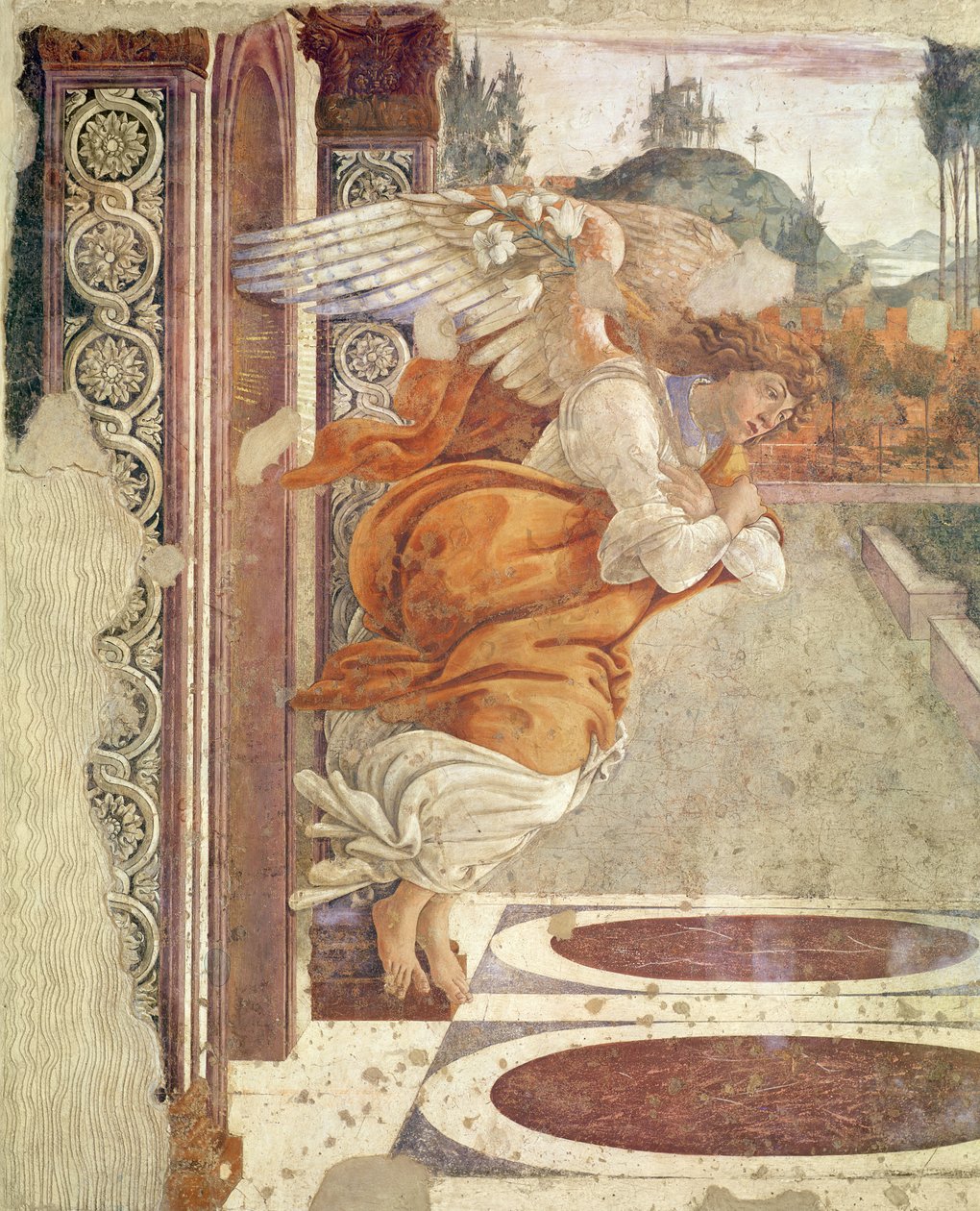Zwiastowanie, detal przedstawiający anioła, 1481 (tempera na drewnie) autorstwa Sandro Botticelli