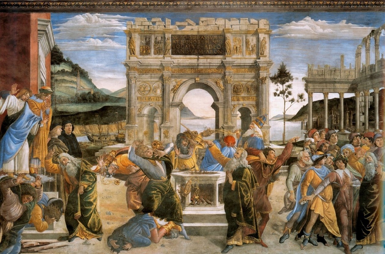 Kara Korego i ukamienowanie Mojżesza i Aarona autorstwa Sandro Botticelli