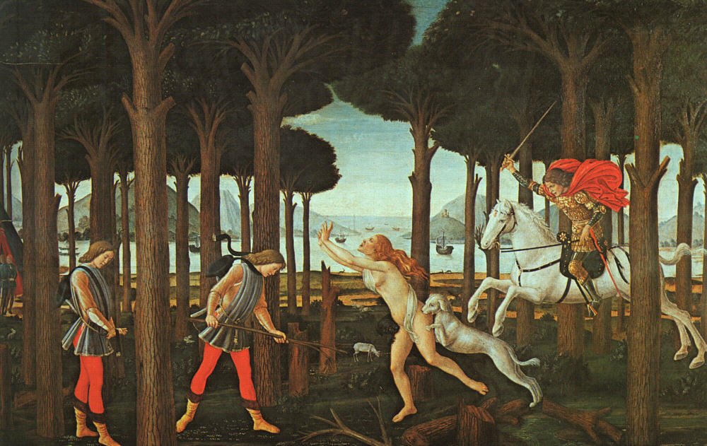 Historia Nastagio degli Onesti autorstwa Sandro Botticelli
