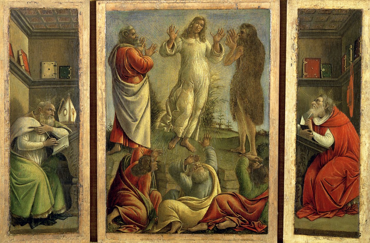 Tryptyk ukazujący Przemienienie, Jezus ukazujący się uczniom ze świętymi Hieronima i Augustynem na bocznych panelach, ok. 1500 (tempera na panelu) autorstwa Sandro Botticelli