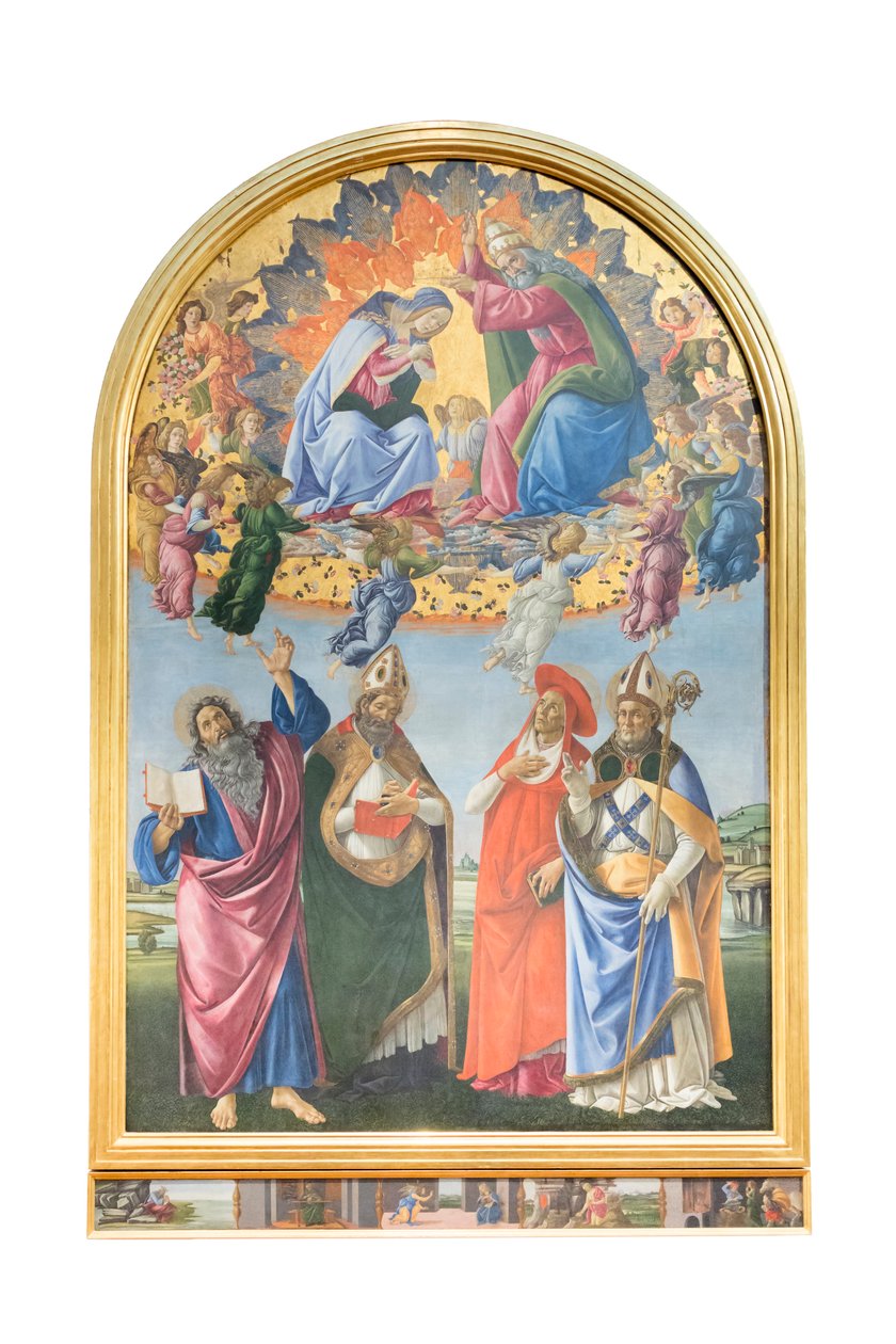 Koronacja Matki Boskiej z aniołami i św. Janem Ewangelistą, św. Augustynem autorstwa Sandro Botticelli
