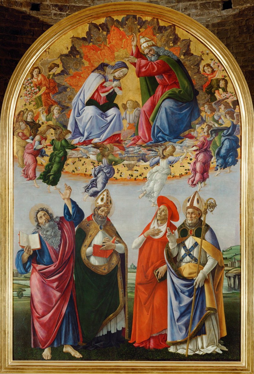 Koronacja Dziewicy z szesnastoma aniołami i świętymi: Janem Ewangelistą, Augustynem, Jerome i Eligiuszem (tempera na drewnie) autorstwa Sandro (1444/5-1510) Botticelli
