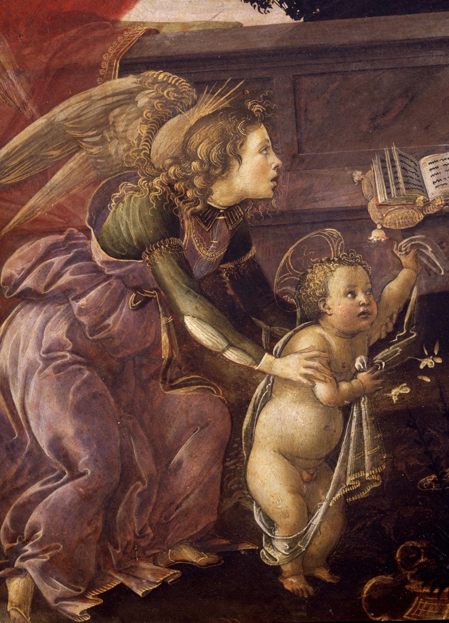 Madonna z Dzieciątkiem z Trzema Aniołami (Madonna del Padiglione), fragment anioła z Chrystusem autorstwa Sandro Botticelli