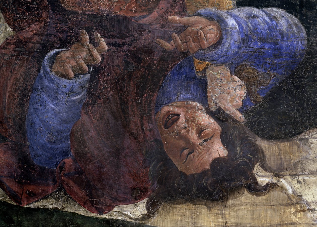 Historia życia Mojżesza. Szczegół: Egipcjanin pod mieczem Mojżesza. Obraz Alessandro di Mariano dei Filipepi znany jako Sandro Botticelli (1445-1510). Fresk autorstwa Sandro Botticelli