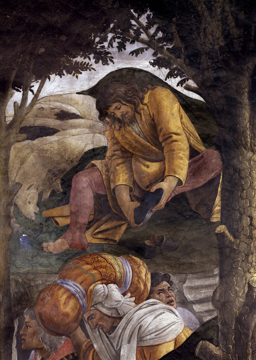 Historia życia Mojżesza. Fragment przedstawiający Mojżesza zakładającego buty na nogi. Obraz Alessandro di Mariano dei Filipepi znany jako Sandro Botticelli (1445-1510). Fresk autorstwa Sandro Botticelli