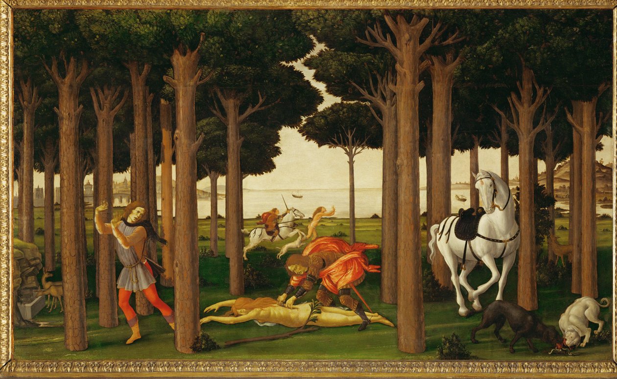 Historia Nastagio degli Onesti, drugi z trzech paneli: Jeździec zabija dziewczynę i rzuca jej serce psom autorstwa Sandro (1444/5-1510) Botticelli