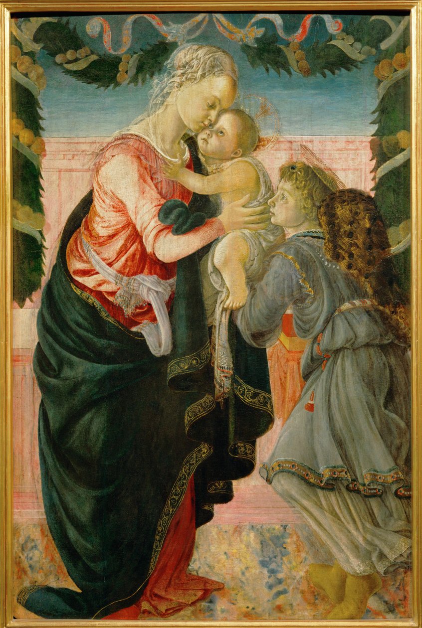 Dziewica z dzieciątkiem trzymana przez anioła (obraz na drewnie) autorstwa Sandro (1444/5-1510) Botticelli