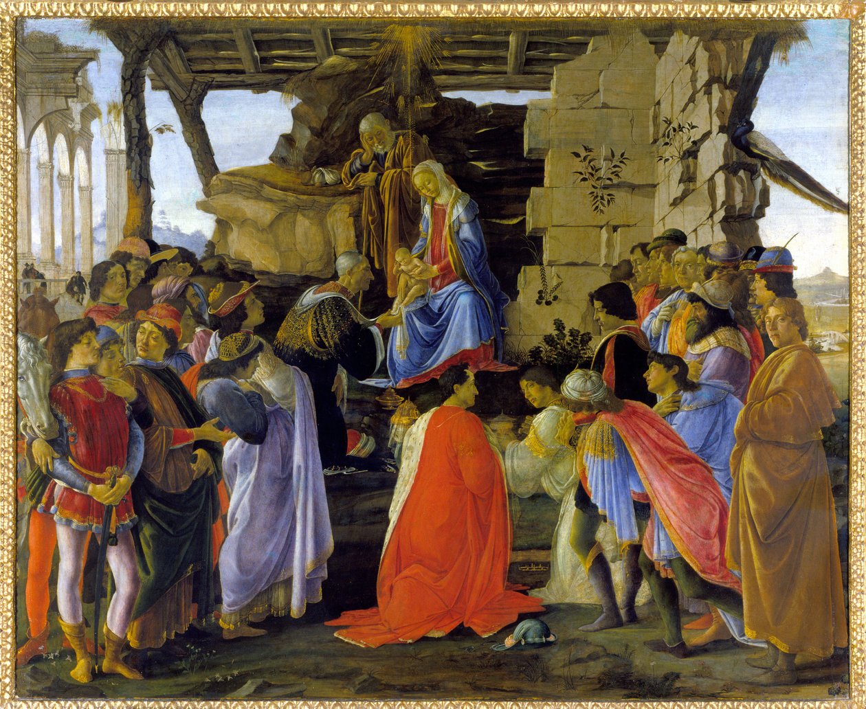 „Adoracja Trzech Króli” reprezentacja członka rodziny Medici autorstwa Sandro Botticelli
