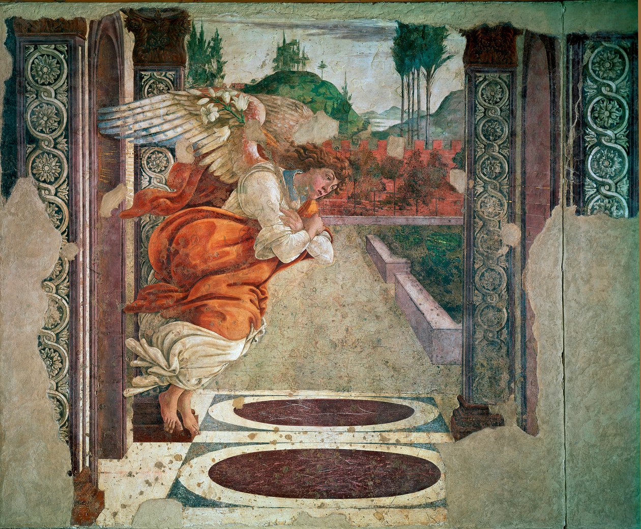 Anioł Zwiastowania Szczegółowo. Fresk Alessandro di Mariano dei Filipepi dit Sandro Botticelli (1445-1510). 1481 niedz 245x535 cm Florencja, Galeria Uffizi (Biura) autorstwa Sandro Botticelli