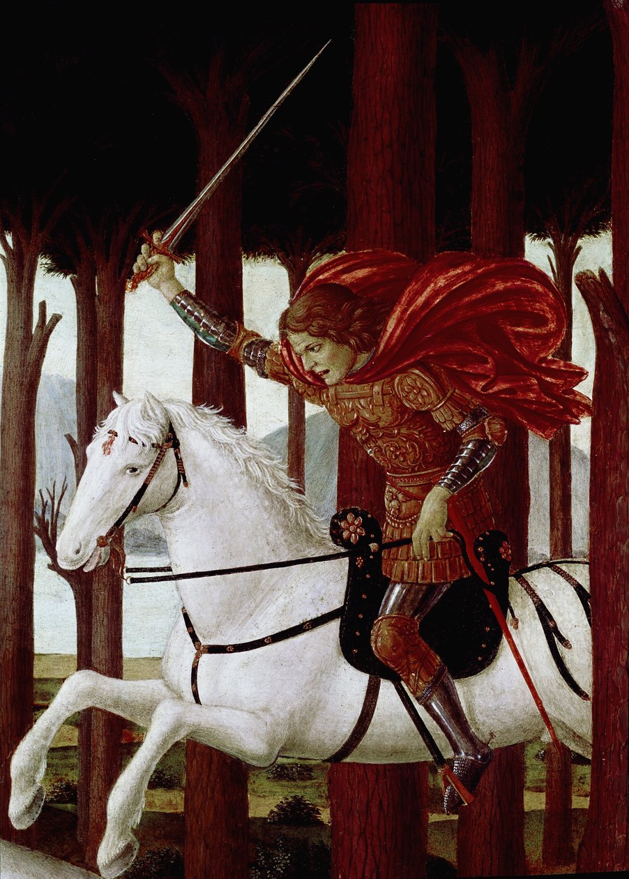 Historia Nastagio degli Onesti: Spotkanie z potępionymi w sosnowym lesie (z noweli Dekamerona Boccaccio) (olej na desce autorstwa Sandro Botticelli