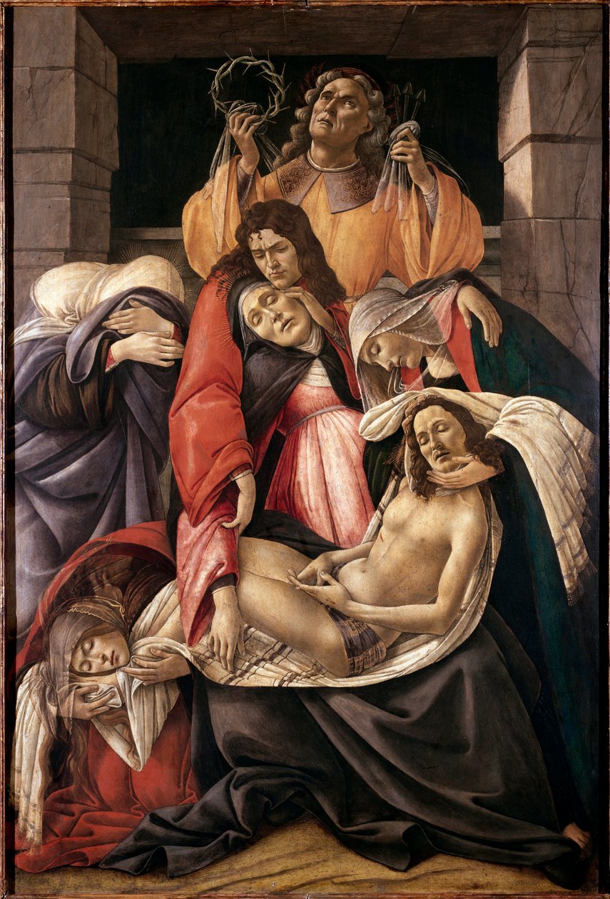 Lament nad zmarłym Chrystusem Detrempe na drewnie – Alessandro di Mariano dei Filipepi dit Sandro Botticelli (1445-1510) ok. 1495 r. Słońce. 107x71 cm Milan Museo Poldi Pezzoli - Opłakiwanie zmarłego Chrystusa, Sandro Filipepi vel Botticelli (1445-1510 autorstwa Sandro Botticelli