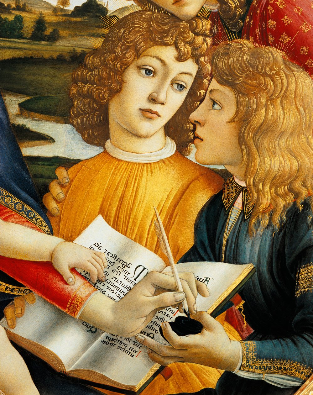 Lorenzo Magnificent i jego brat Giuliano de Medici, fragment Madonny z Dzieciątkiem z aniołami lub Madonna Wspaniała autorstwa Sandro Botticelli