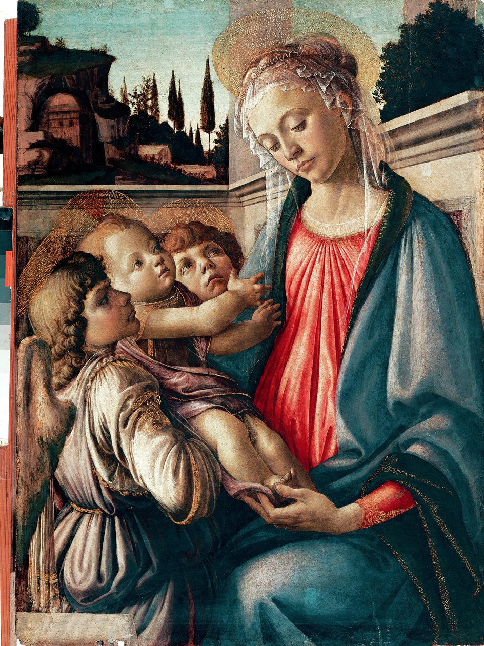 Madonna ma dziecko z dwoma aniołami Detrempe on Wood – Sandro Filipepi dit Botticelli (1445-1510) 1468-1469 wym. 100x71 cm Neapol, Galleria Nazionali di Capodimonte - Madonna z Dzieciątkiem z dwoma aniołami, autorstwa Sandro Filipepi aka Botticellego (1445 autorstwa Sandro Botticelli