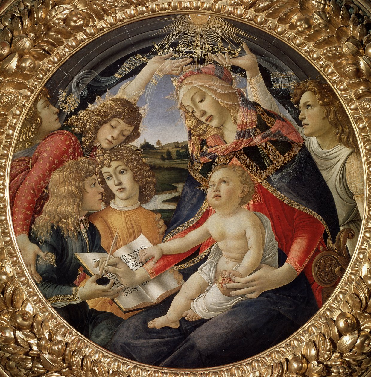 Madonna Magnificat czyli Dziewica z Dzieciątkiem i pięcioma aniołami (tempera na drewnie) autorstwa Sandro Botticelli