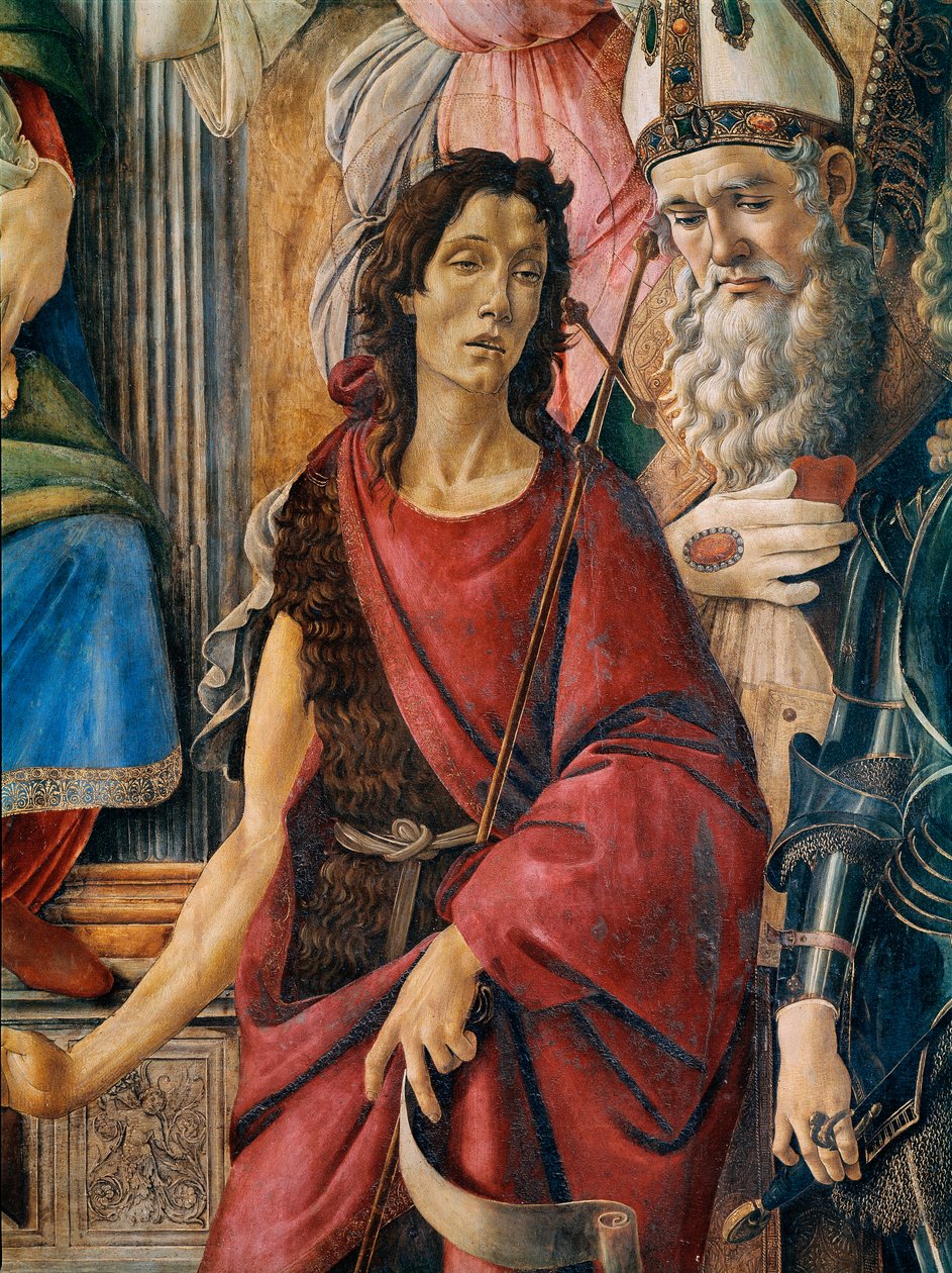 Pala di San Barnaba (Ołtarz św. Barnaby): Matka Boża ma dziecko ze św. Katarzyną Aleksandryjską, św. Augustynem, św. Barnabą i św. Janem Chrzcicielem, św. Ignacym z Antiochii i św. Michałem Archaniołem. Szczegół przedstawiający św. Jana Ba autorstwa Sandro Botticelli