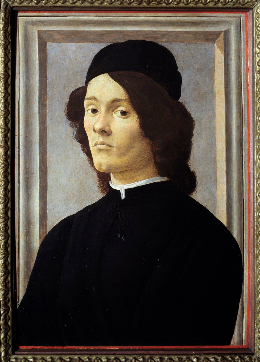 Portret młodego mężczyzny Gentilman wygląda na melancholijnego, ubranego na czarno. Obraz Alessandro di Mariano dei Filipepi dit Sandro Botticellego (1445-1510) XV w. Słońce. 0,57x0,39 m² autorstwa Sandro Botticelli