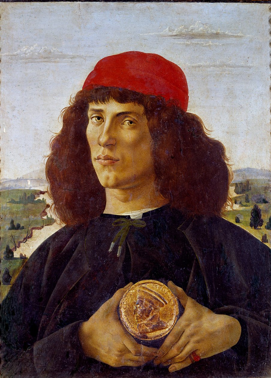 Portret nieznanego mężczyzny trzymającego medal Cosimo de Medici (Cosimo de Medici). Obraz Alessandro di Mariano de Philippi autorstwa Sandro Botticellego (1445-1510). Tempera na płótnie, 57,5 ​​x 44 cm autorstwa Sandro Botticelli