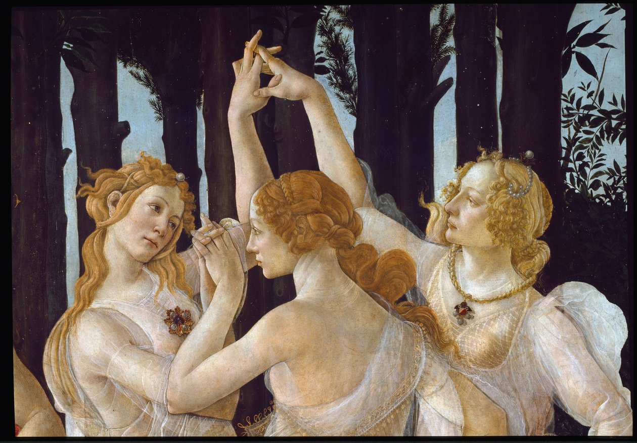 Wiosna. Detal przedstawiający trzy łaski autorstwa Sandro Botticelli