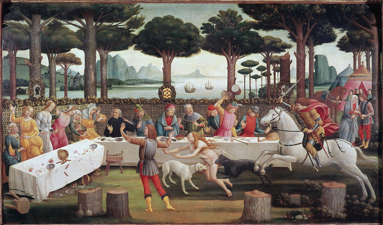 Bankiet w lesie: scena III z Historii Nastagio degli Onesti autorstwa Sandro Botticelli