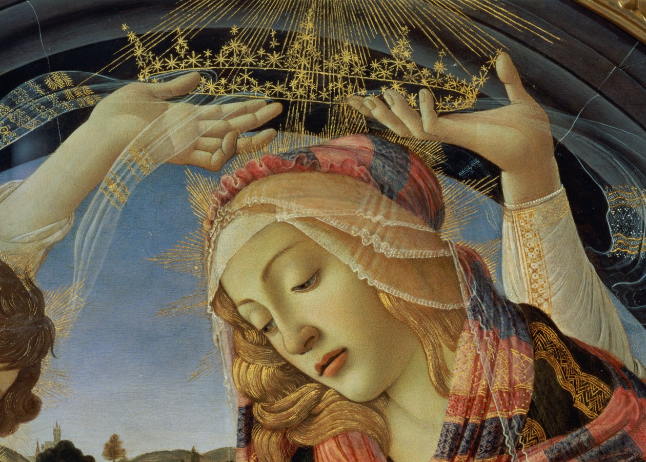Madonna Magnificat, fragment twarzy i korony Dziewicy autorstwa Sandro Botticelli