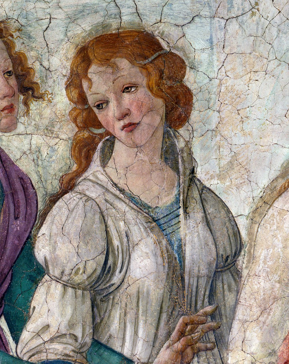 Ofiara Wenus i Łaski przedstawia młodej dziewczynie Szczegół reprezentujący Łaski (Charites). Fresk Villa Lemmi. Obraz Sandro Botticellego (1444-1510) autorstwa Sandro Botticelli