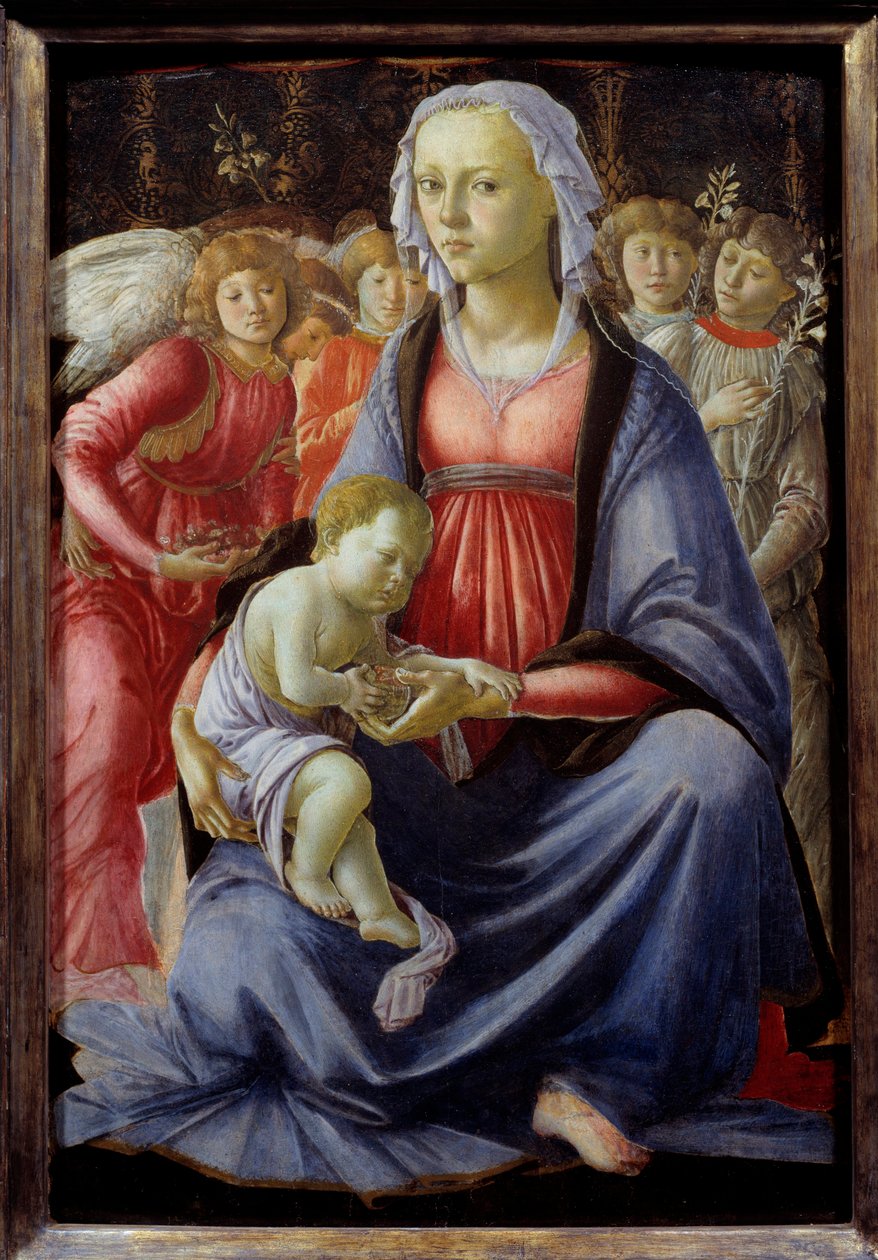 Dziewica z Dzieciątkiem w otoczeniu pięciu aniołów Obraz Alessandro di Mariano dei Filipepi dit Sandro Botticelli (1445-1510) XV w. Słońce. 0,58x0,4 m² autorstwa Sandro Botticelli