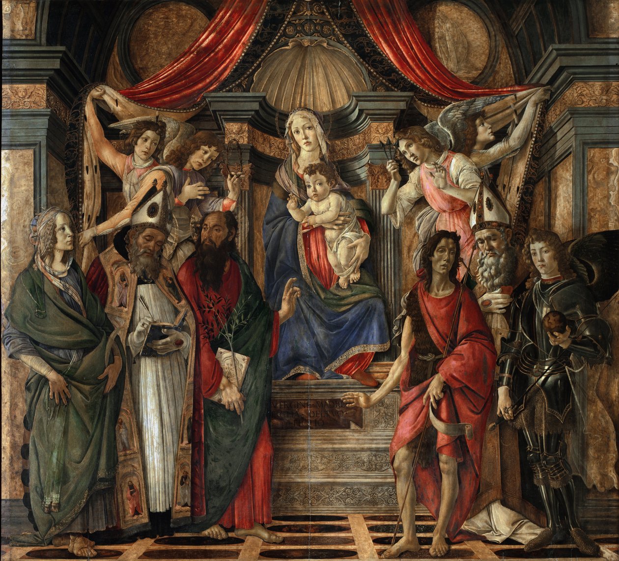 Dziewica z Dzieciątkiem ze świętymi z Ołtarza San Barnabas - Tempera na drewnie autorstwa Sandro Botticelli