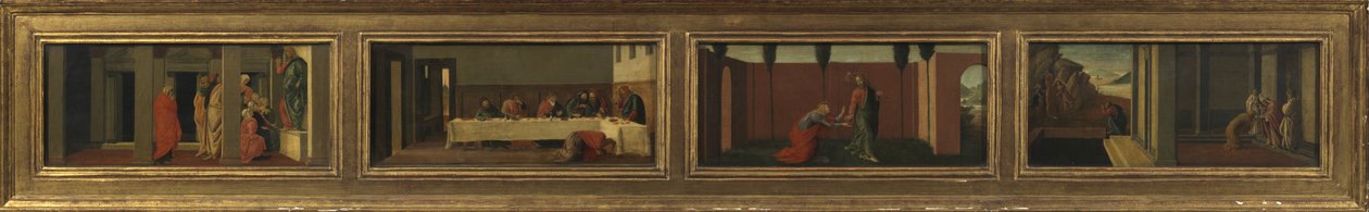 Sceny z życia Marii Magdaleny (cztery panele predelli - a. nauczanie Chrystusa; b. uczta w domu Szymona; c. Noli me Tangere; d. ostatnie chwile Magdaleny) autorstwa Sandro (after) Botticelli