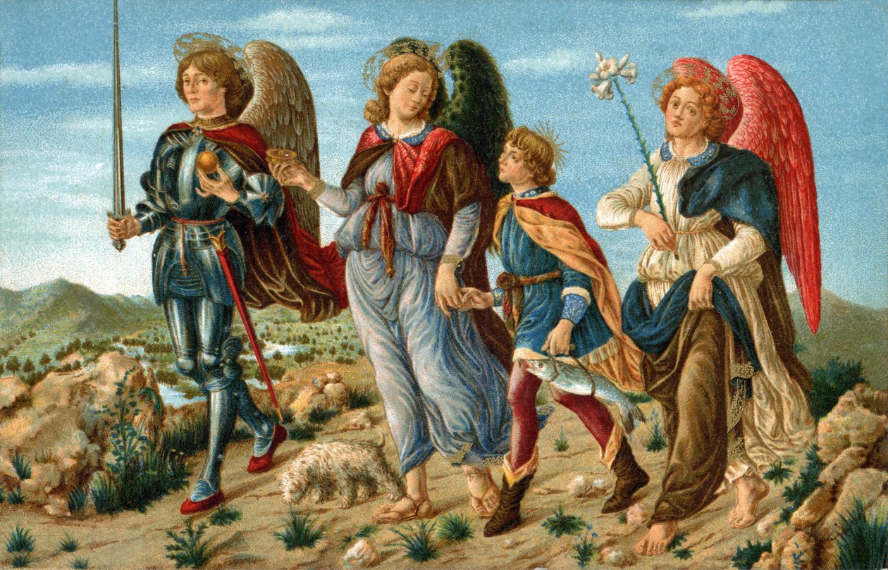 Trzej archaniołowie i Tobie. Aniołowie Raphael, Gabriel i Michel towarzyszący młodemu Tobie. Chromolitografia wykonana ok. 1900 r. na pocztówkę wg obrazu Sandro Botticellego (1445-1510). autorstwa Sandro (after) Botticelli