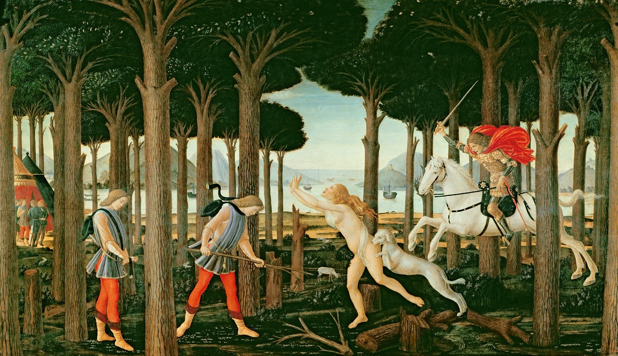 Wizja Nastagio o upiornym pogoni w lesie: scena I z historii Nastagio degli Onesti, c.1483 (tempera na panelu) autorstwa Sandro (and workshop) Botticelli
