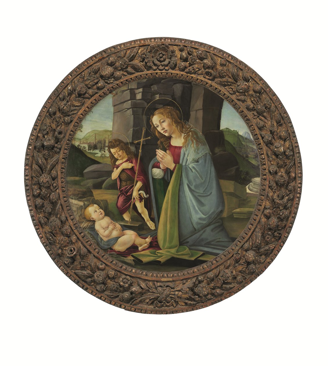 Madonna adorująca Dzieciątko z młodym świętym Janem Chrzcicielem (tempera i olej na panelu) autorstwa Sandro (and workshop) Botticelli